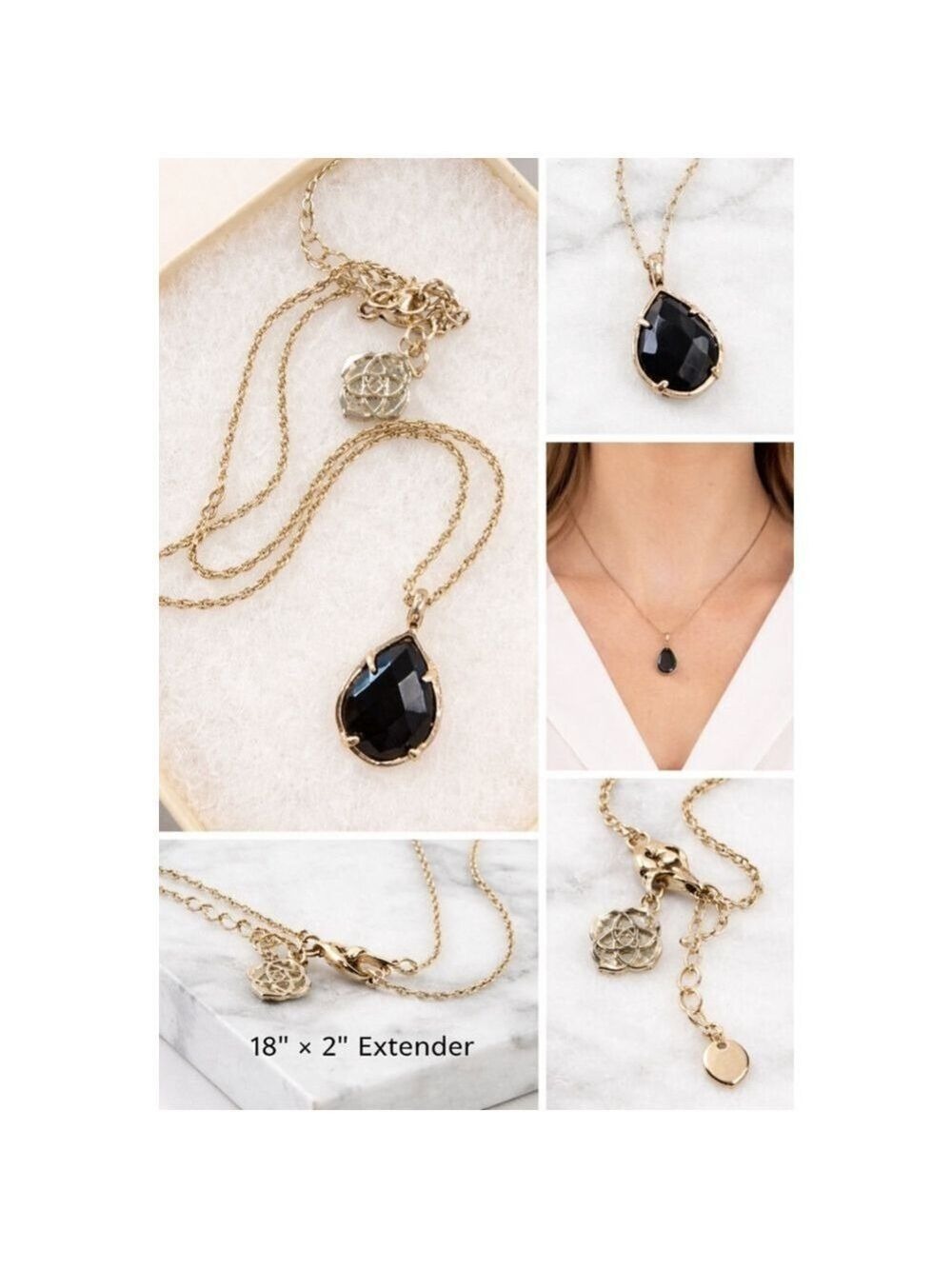 Kendra Scott Black Faceted Teardrop Pendant Necklace – Goldtone | 18” + Extender